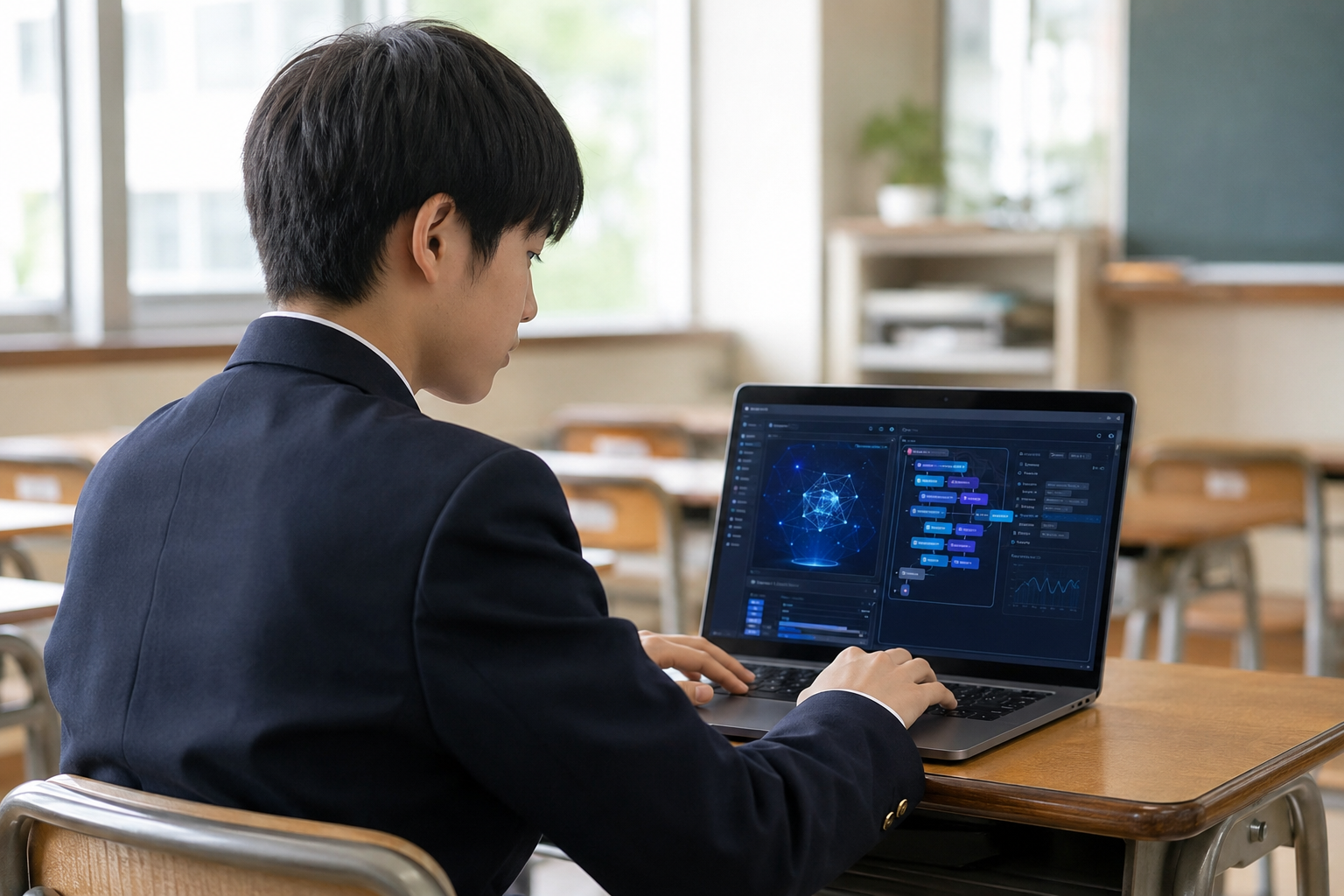 ノートPCでAIを学習する生徒